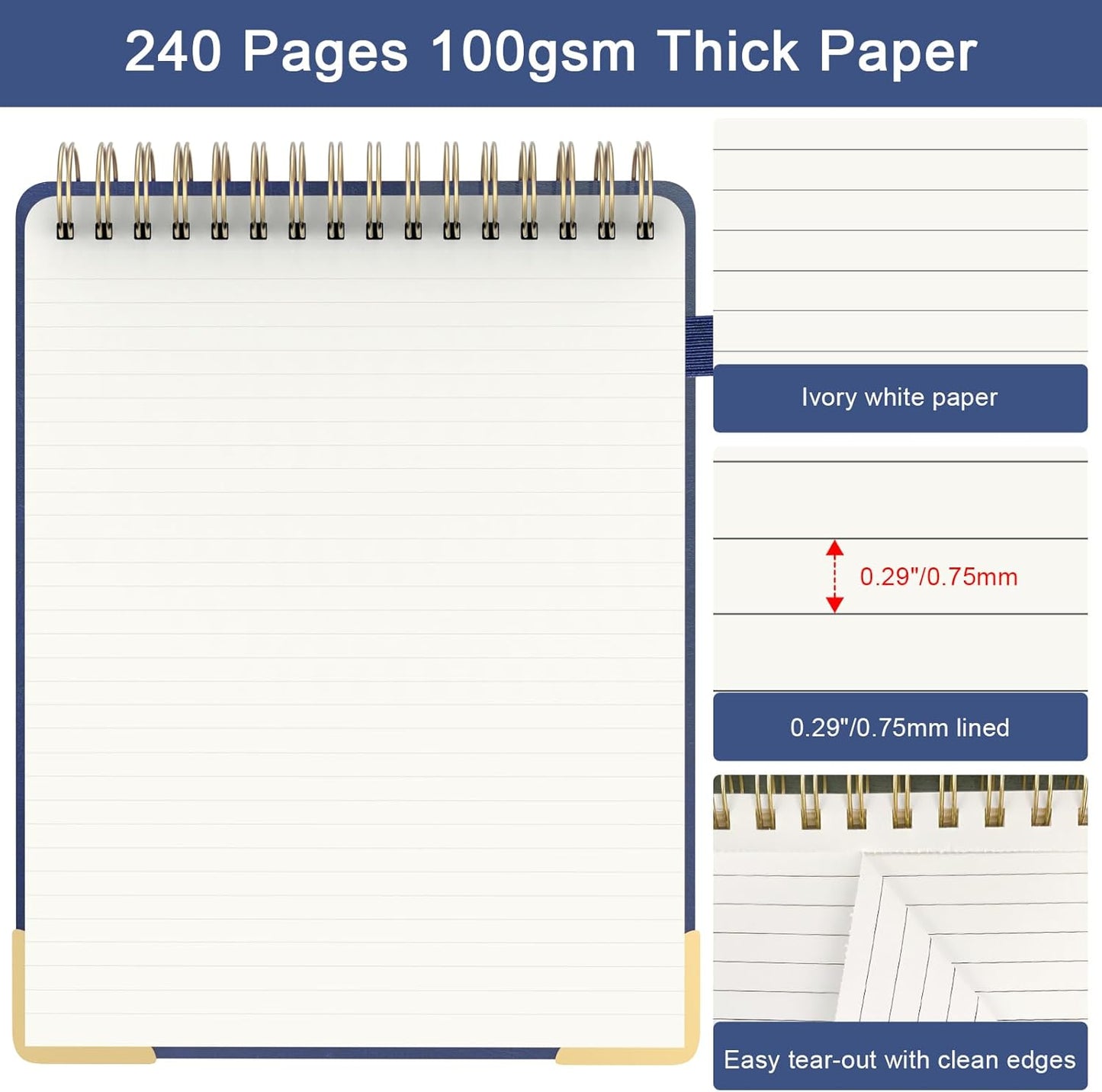 A5 Top Spiral Notebook, Large Leather Hardcover Top Bound Steno Pads, 240 Pages 100 gsm Thick Lined Paper Left Handed Notebook Journal for Work, School, Meeting Writing - Brown, 5.9" x 8.5"