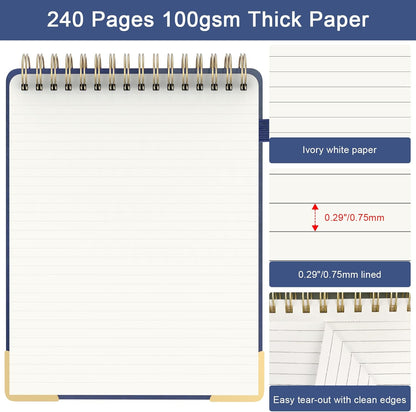 A5 Top Spiral Notebook, Large Leather Hardcover Top Bound Steno Pads, 240 Pages 100 gsm Thick Lined Paper Left Handed Notebook Journal for Work, School, Meeting Writing - Brown, 5.9" x 8.5"