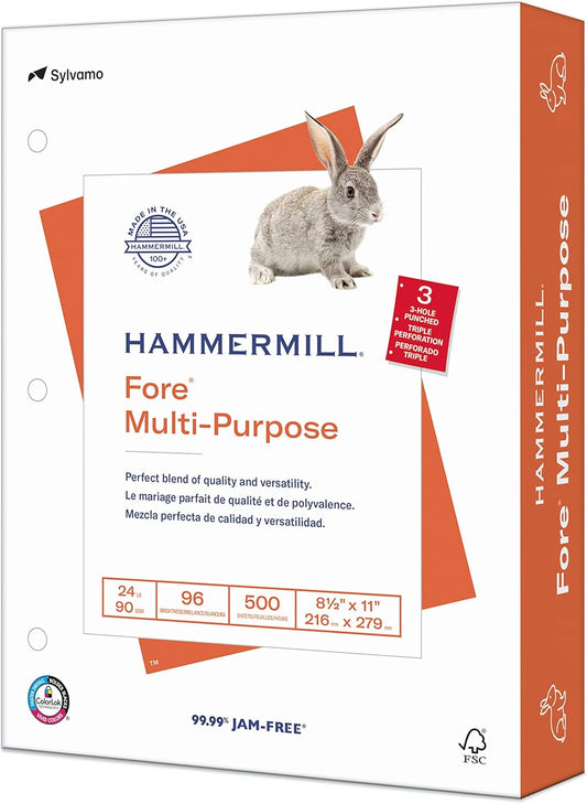 Hammermill Paper, Fore Multipurpose Paper, 8.5 x 11 Paper, Letter Size, 3 Hole, 24lb Paper, 96 Bright, 1 Ream / 500 Sheets (101287R) Acid Free Paper