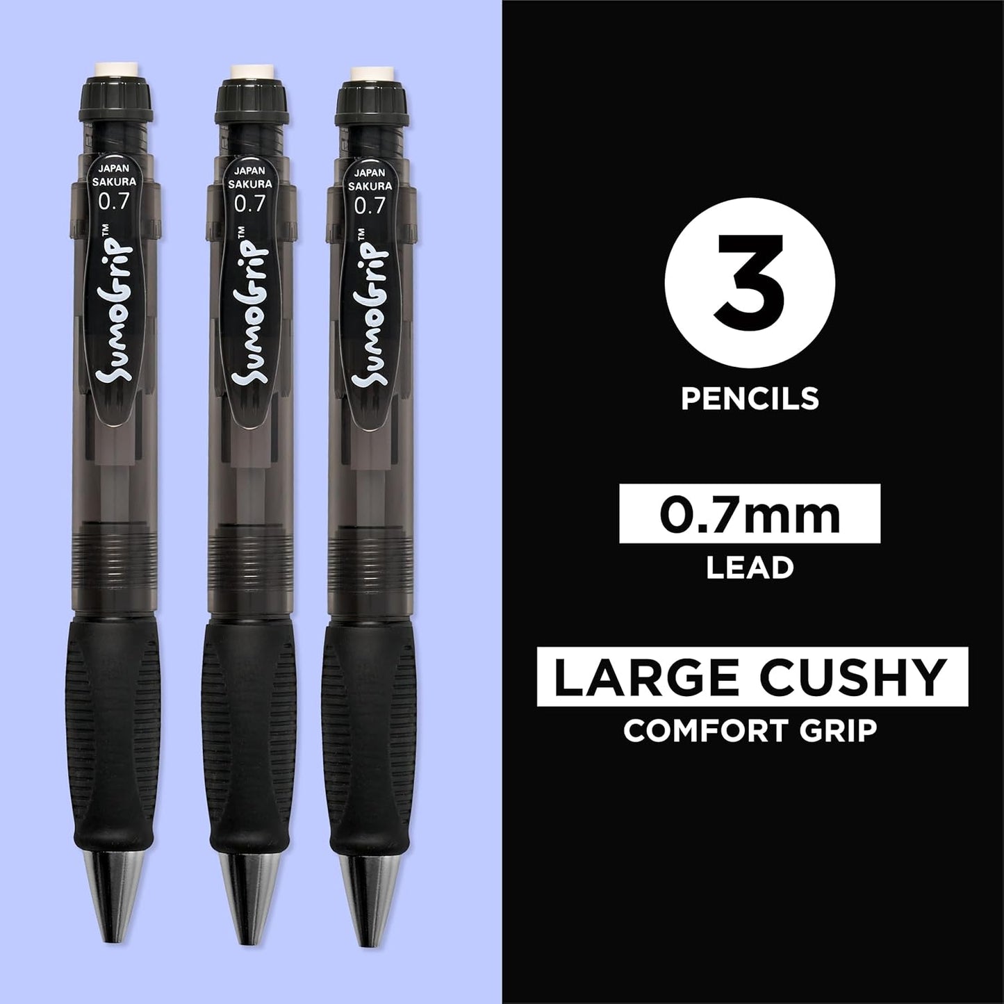 SAKURA SumoGrip Pencil with Comfort Grip - 0.9 mm Ergonomic Mechanical Pencil - Clear - 3 Pack