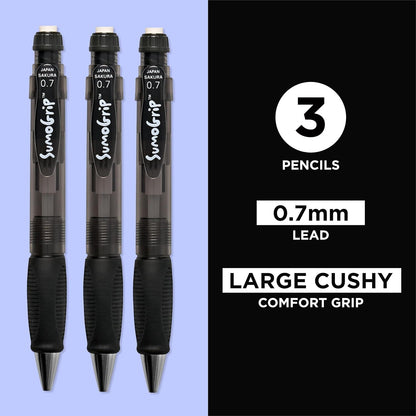 SAKURA SumoGrip Pencil with Comfort Grip - 0.9 mm Ergonomic Mechanical Pencil - Clear - 3 Pack