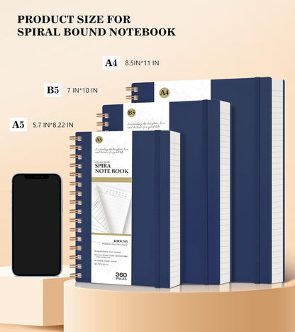 MUAHLIUB Spiral Notebook Journal College Ruled, 360 Pages Lined Thick Journals for Women Men, B5 Big Notebooks with 100GSM Paper, Spiral Bound Journaling for Writing Work School Black 7.6"×10"