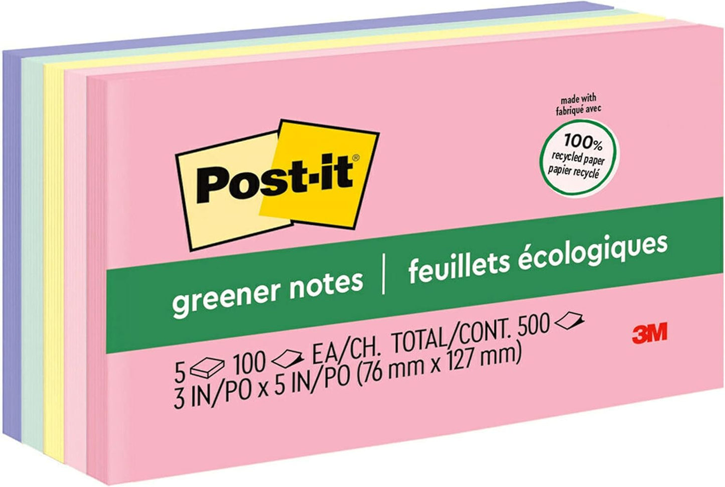 Post-it Greener Notes 3x5 in 5 Pads America's #1 Favorite Sticky Notes Helsinki Collection Pastel Colors (Pink Blue Mint Yellow) Clean Removal 100% Recycled Material (655-RP-A)