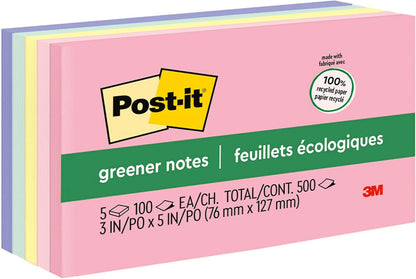 Post-it Greener Notes 3x5 in 5 Pads America's #1 Favorite Sticky Notes Helsinki Collection Pastel Colors (Pink Blue Mint Yellow) Clean Removal 100% Recycled Material (655-RP-A)