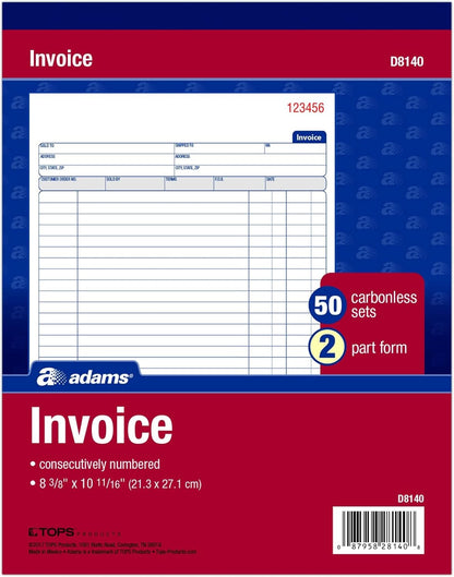 Adams Invoice Book, 8-3/8 x 10-11/16 Inches, 2-Part, Carbonless, White/Canary, 50 Sets per Book (D8140)