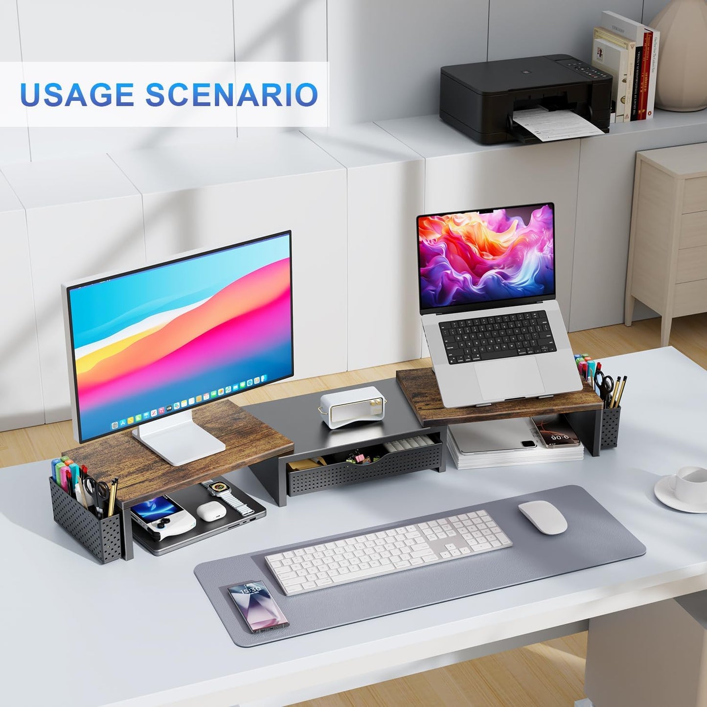 gianotter Dual Monitor Stand Riser, Desk Organizer With Drawer and 2 Pen Holders, Computer Monitor Stand, Shelf for Top of Desk, Black