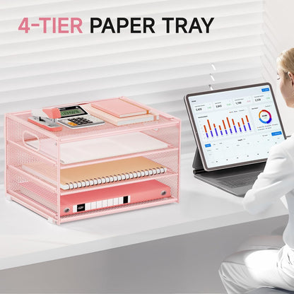 Lavatino 3-Tier Letter Tray Desk Organizer, Mesh Metal Paper File Tray Organizer for Desk, Office Supplies & Home Organization, Fits A4 Paper, Mail, Magazines & Office Accessories (Black with Handle)