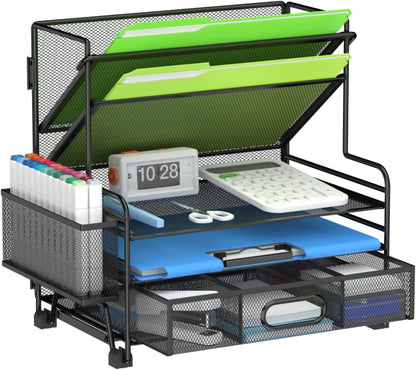 MINDEPOT 4-Tier Paper Organizer + 3-Pocket File Holder + Drawer + Pen Holders, Desktop File Organizers Paper Tray for Office Supplies School Classroom Organization (Black, No Drawer & Pen Holder)