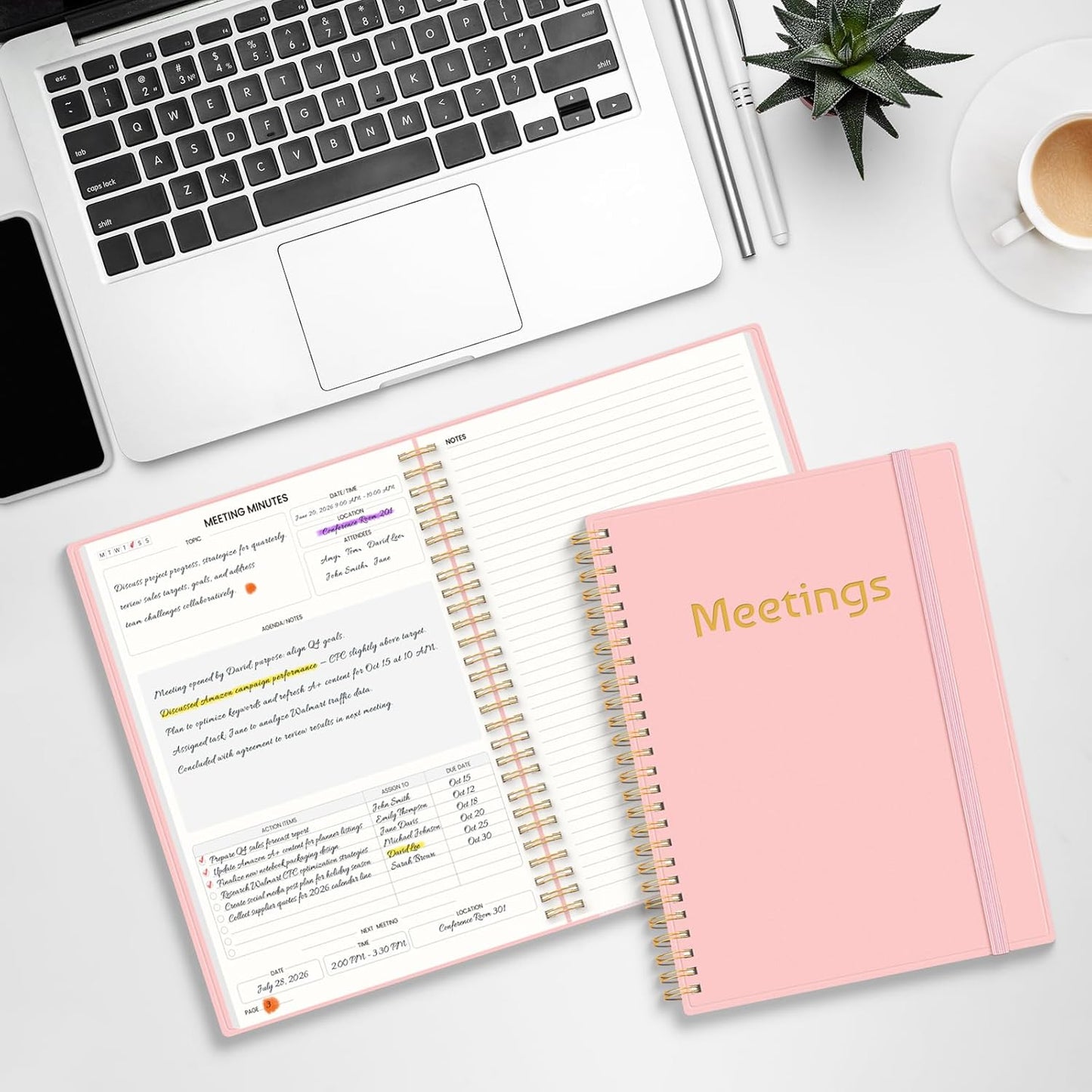 SUNEE Half Meeting Half Note 7"x10" Notebook for Work – 140 Pages, B5 Size Project Planner for Women&Men, Minutes Organizer for Meeting Notes, Ideas for Office/Business, PVC Waterproof Cover, Black