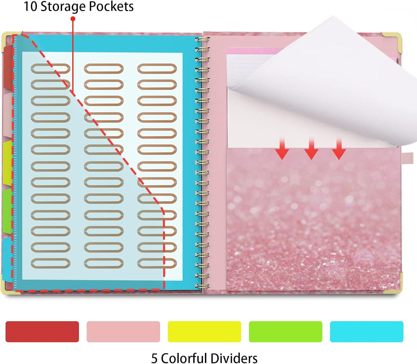 Clipboard Folio with Storage Clipboards Padfolio Notebook for Letter Size (11" x 8.5"), Pink Clipboards with 10 Pockets and 5 Folders Nursing Teacher School Essentials (Stay Positive)