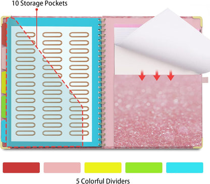 Clipboard Folio with Storage Clipboards Padfolio Notebook for Letter Size (11" x 8.5"), Pink Clipboards with 10 Pockets and 5 Folders Nursing Teacher School Essentials (Stay Positive)
