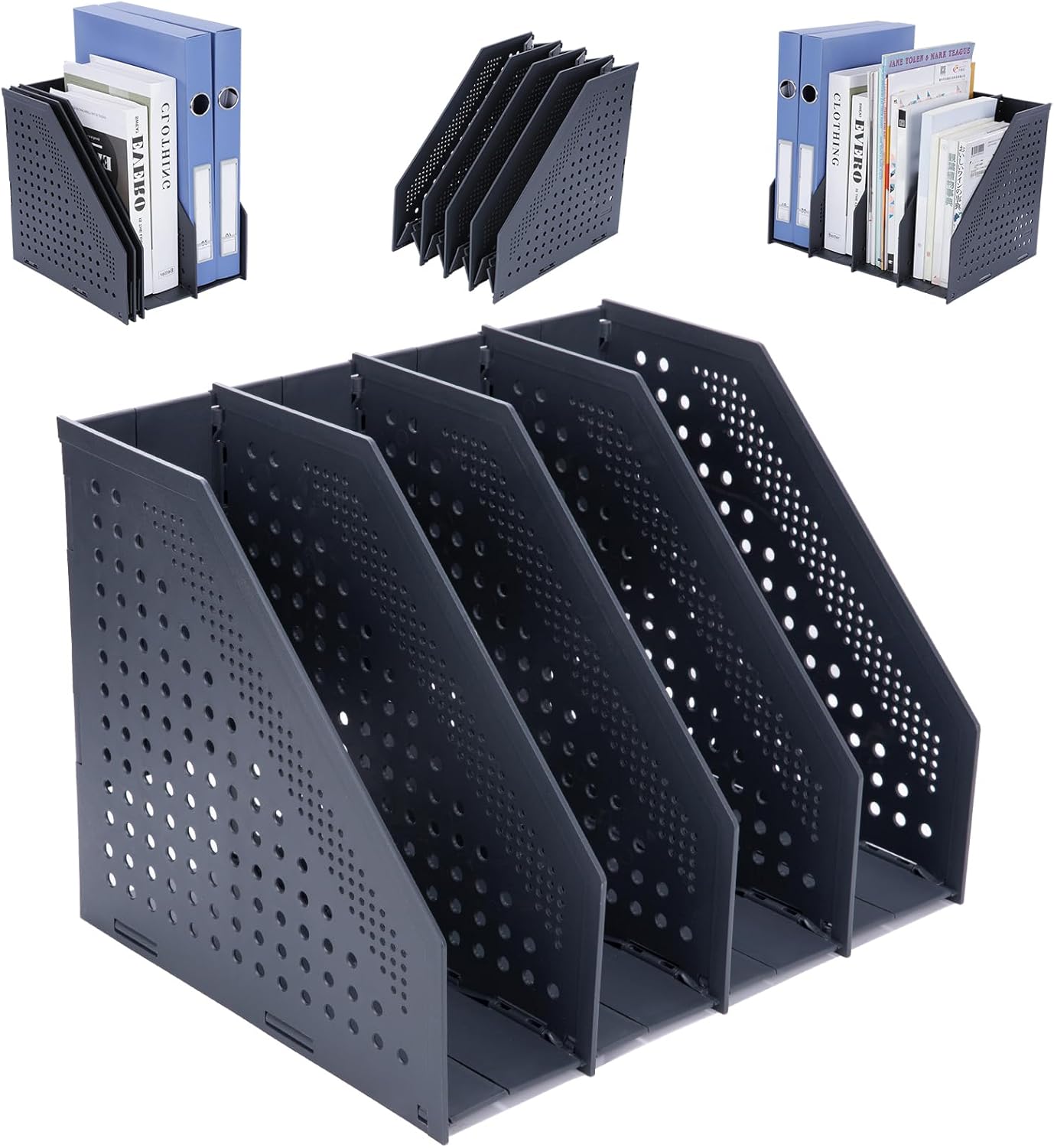 FRETONBA Collapsible Magazine File Holder with 2 Vertical Compartments Foldable Binder Holder for Desk Binder Storage Organizer Plastic Magazine Holders for Shelf, Light Gray