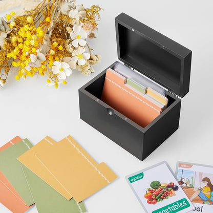 DRASTAR Index Card Holder, 3x5 Index Card Box, Wooden Index Card Organizer with 45 Dividers, Flashcard Notecard Holders for Home Office, Brown