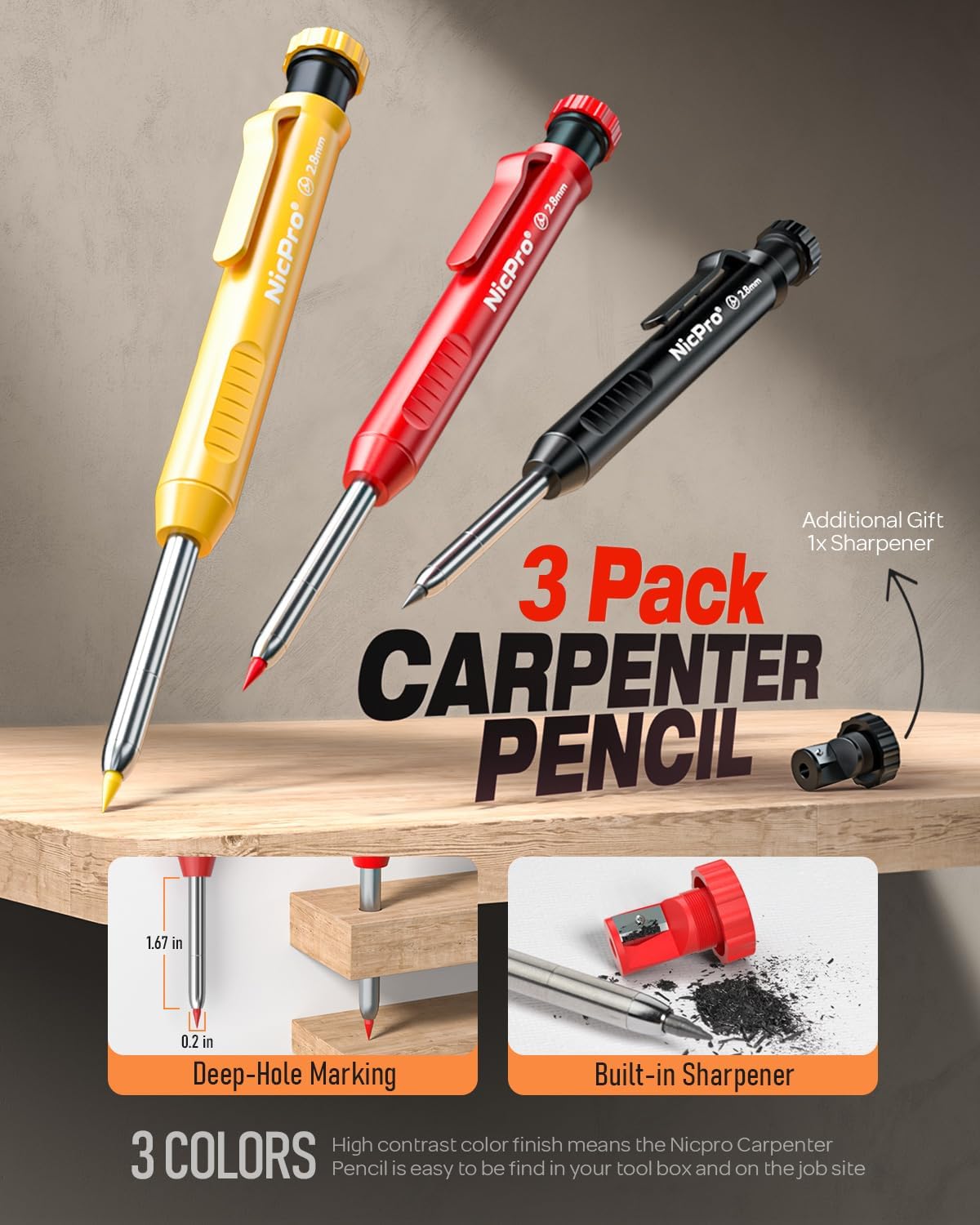 Nicpro Carpenter Pencil with Sharpener, Mechanical Pencils Set with 26 Refills, Deep Hole Marker for Construction, Heavy Duty Woodworking Tools for Architect (Black, Red) - With Case