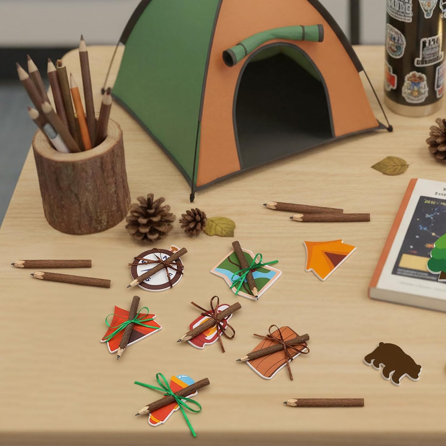 Eaasty 24 Set Camping Sticky Note and Twig Pencils with Ribbon Adventure Travel Gift for Party Favors Self Stick Adhesive Notepads Natural Wood Pencils for Exchange Gifts Office Home Classroom