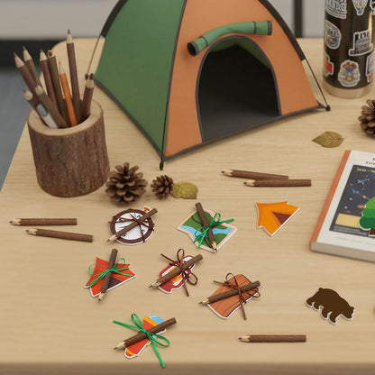 Eaasty 24 Set Camping Sticky Note and Twig Pencils with Ribbon Adventure Travel Gift for Party Favors Self Stick Adhesive Notepads Natural Wood Pencils for Exchange Gifts Office Home Classroom