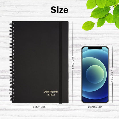 Daily Planner Undated, Asten To Do List Notebook Hourly Schedules Spiral Appointment Planner for Men and Women,PVC Hardcover,Elastic Closure, Inner Pocket 8.3" x 5.8" (Black)