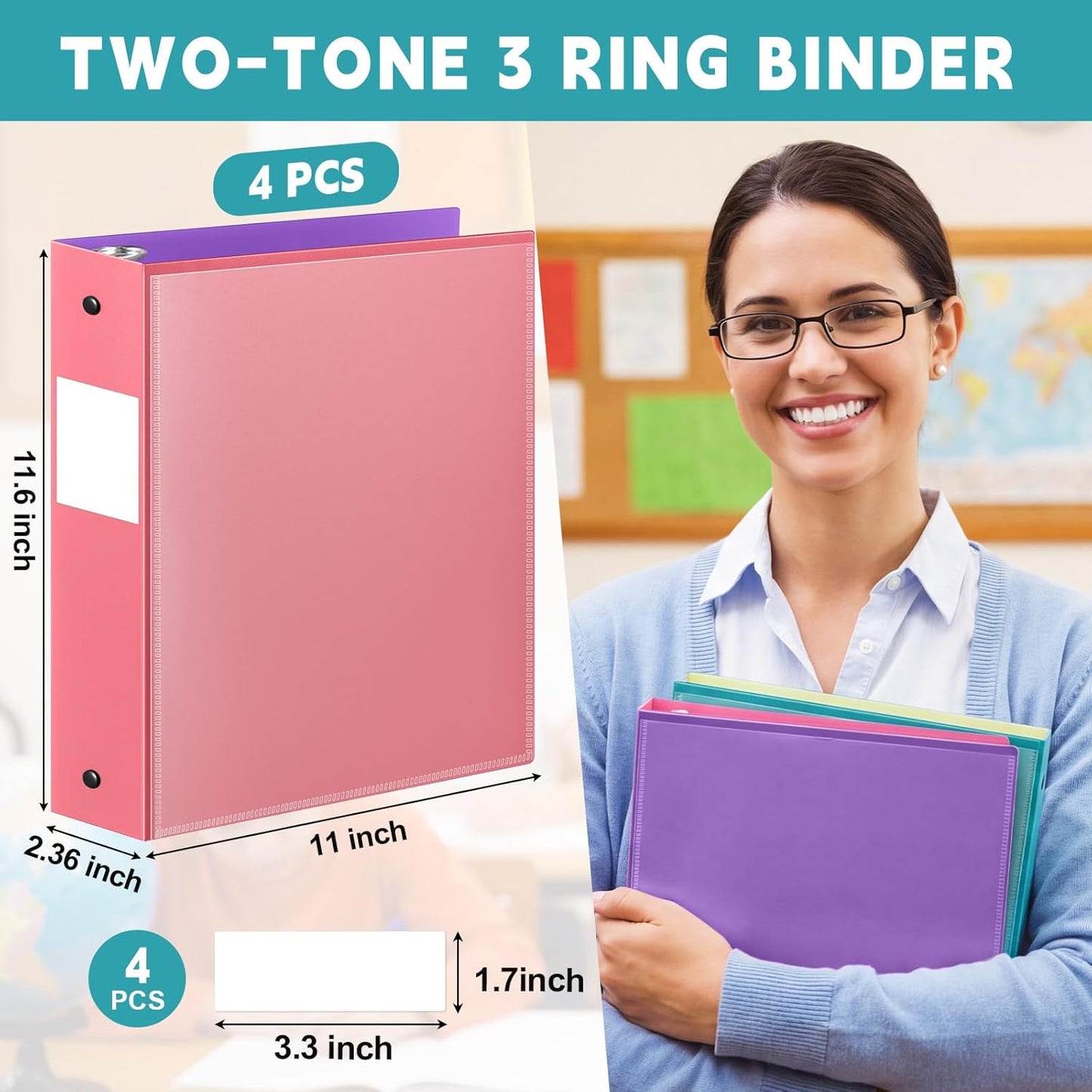 Henoyso 4 Pack Plastic Two-Tone View 3 Ring Binder, 1 Inch Round Ring Binder with Four Inner Pockets, Heavy Duty View Binders for School and Office, Pink, Teal, Purple and Lime (Clear Font Pocket)