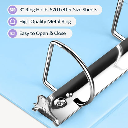 Sooez BinderX Extra Durable 3 Inch 3 Ring Binder, D-Ring Large Binders, Holds 670 Sheets of 8.5x11 Paper, Customizable View Cover with Inside Pockets, Heavy Duty 3 Ring Binder for School, Grey Blue