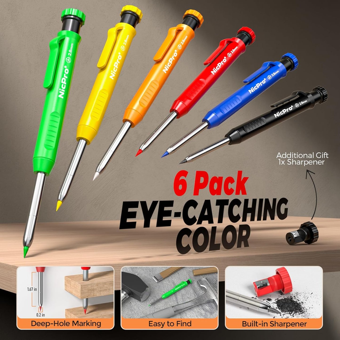 Nicpro 2 Pack CP1000 Carpenter Pencil with Sharpener, Mechanical Carpenter Pencils with 26 Refills, Deep Hole Long Nib Marker Pens for Construction, Heavy Duty Woodworking Pencil for Architect Marking