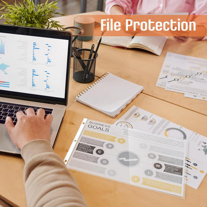 Gilprop 50 Pack 11 x 14 Inch Sheet Protectors, Heavyweight Landscape Sleeves 11 x 14 Ledger Size Clear Plastic Binder Sleeves, 3 Hole Punched Fits 3 Ring Binders