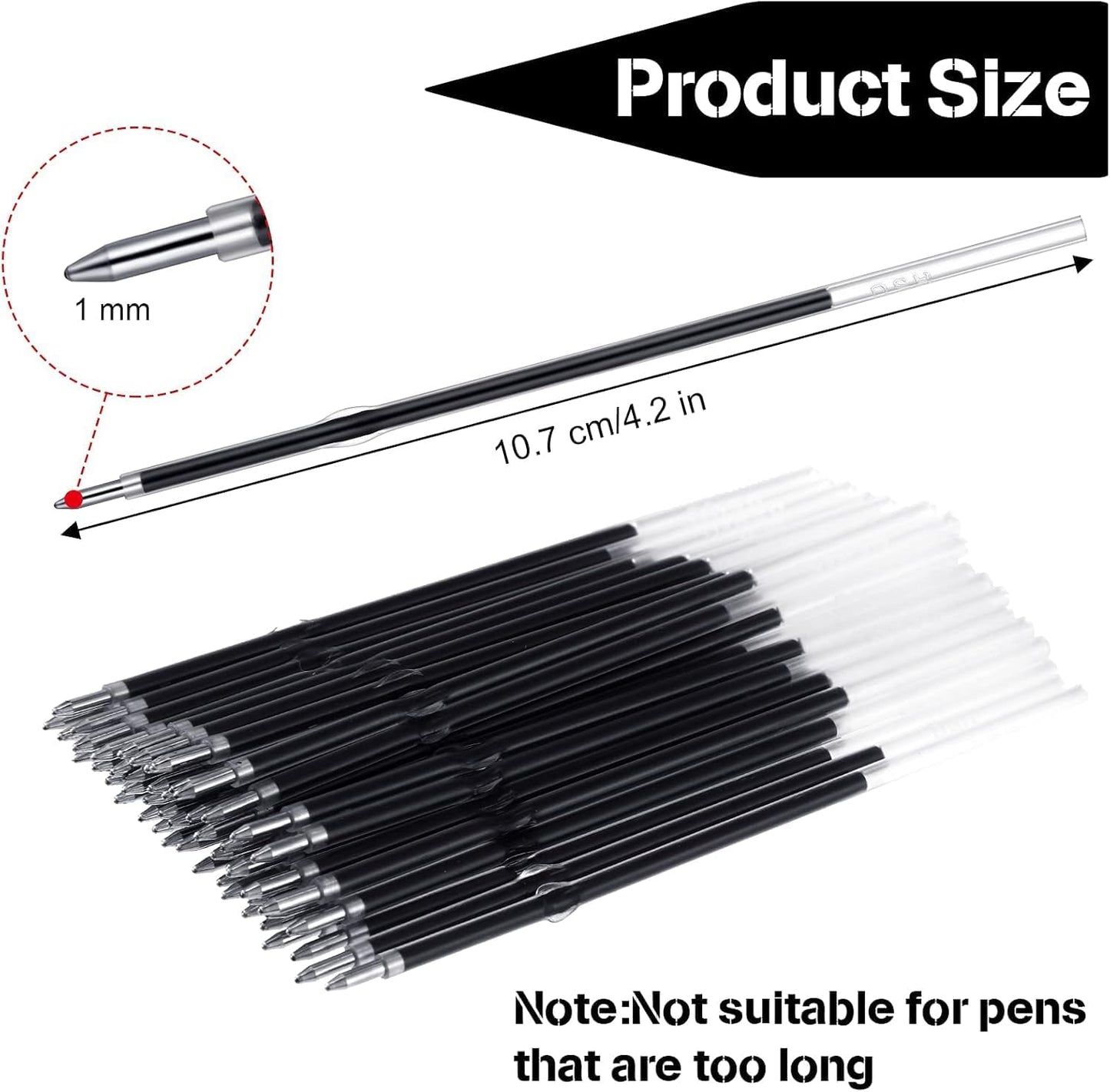 Retractable Ballpoint Pen Refills 30 Pieces 1mm, Medium Point 4.2 Inch Black Ink Refills Smooth Writing for Click Pens