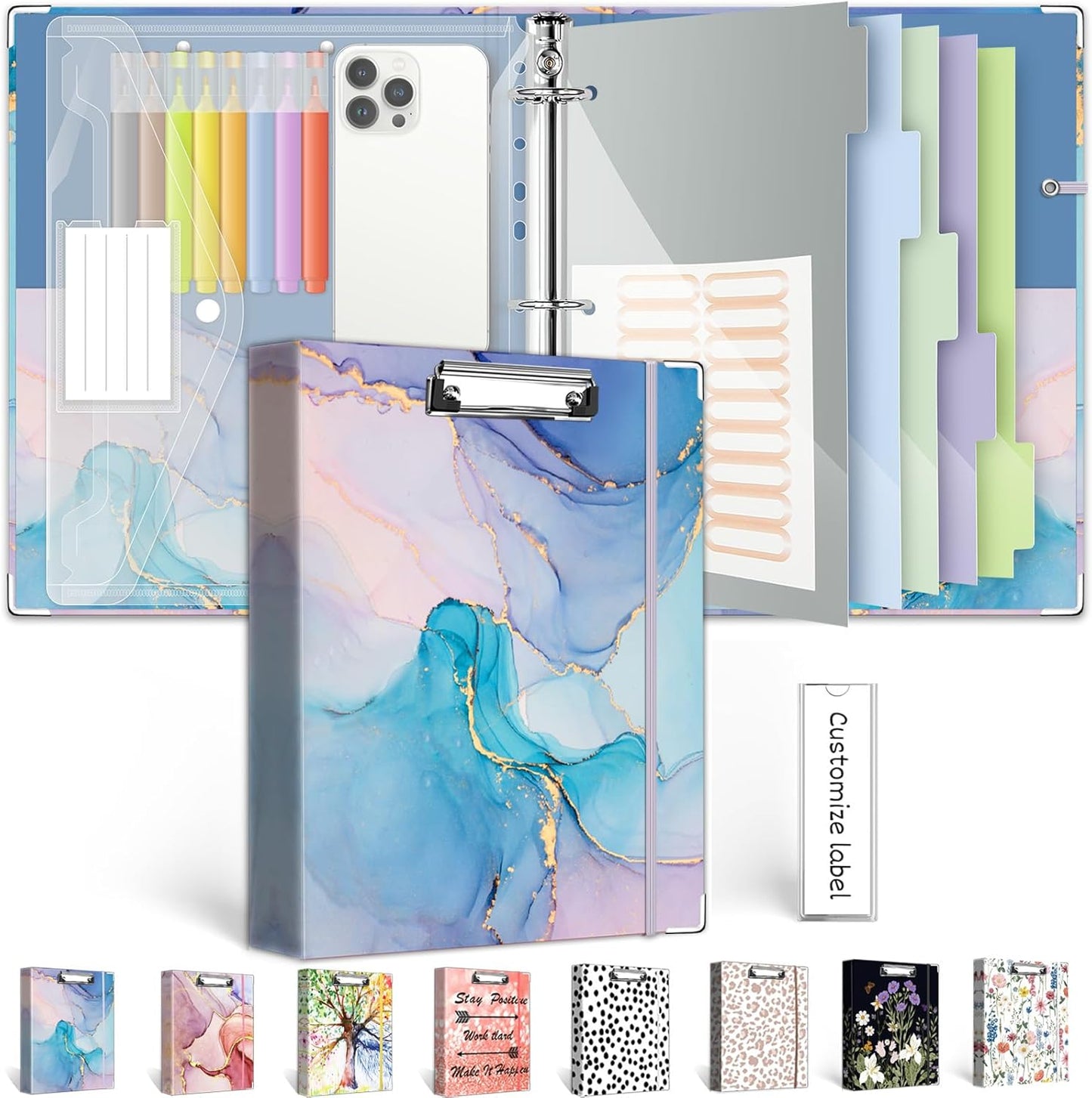 3 Ring Binder 1 Inch, Three Ring Binders Organizer with Clipboard, 5-Tabs Pockets Dividers, Plastic Folder, 18 Divider Stikers, BVSSX Pretty Binder with Pen Loop (Black Weeds, Letter Size)