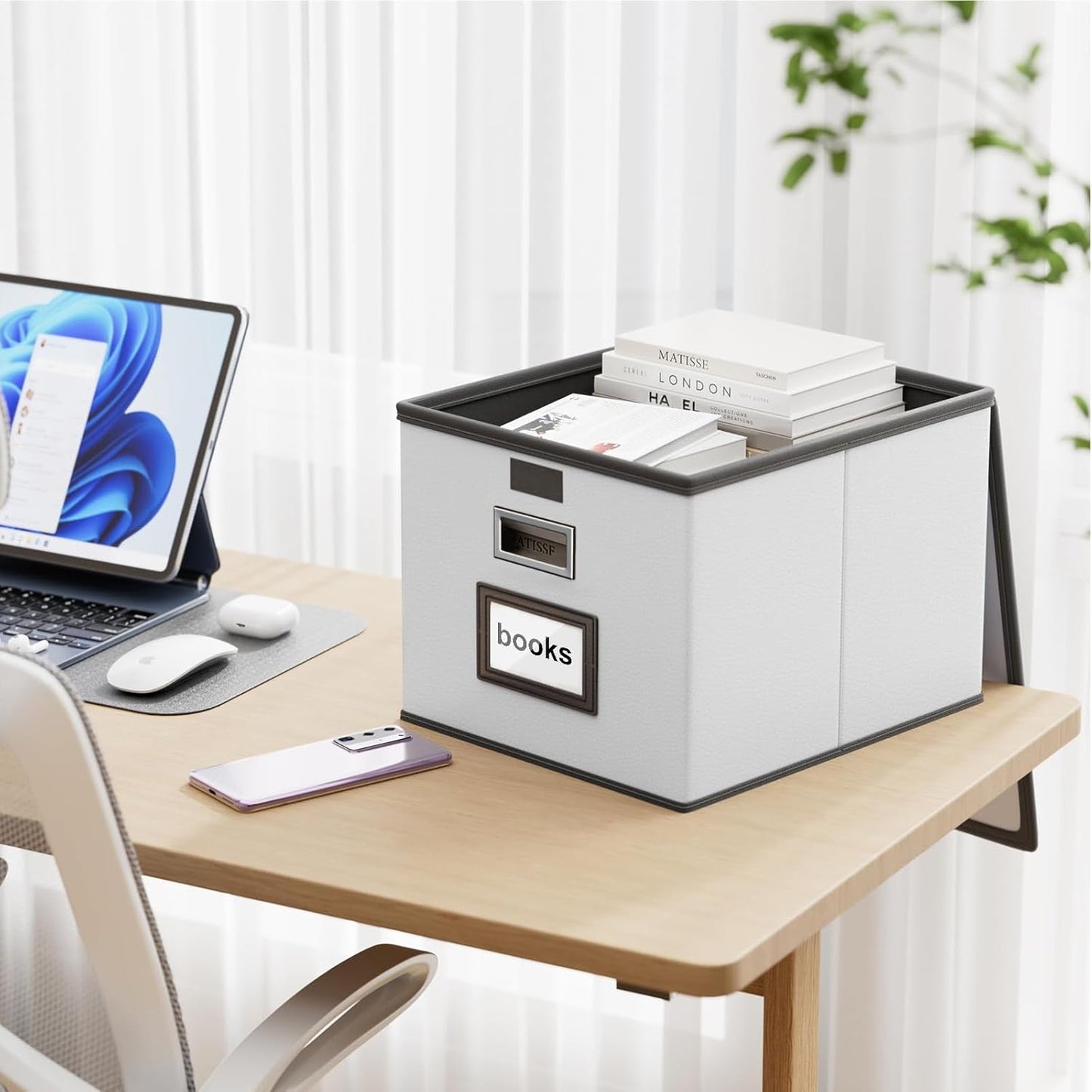 Huolewa Upgraded Portable File Organizer Box with Lid, Collapsible Linen Hanging Filing Storage Boxes with Plastic Slides, Decorative Home/Office Filing System Box for File and Folders Storage (Gray)