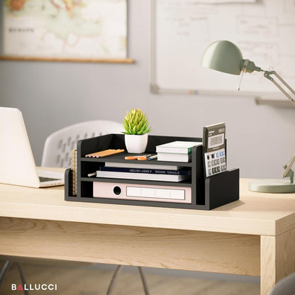 Ballucci 3-Tier Desk Organizer with 2 Side Mail Sorter Slots, Wood Letter Tray, Open Top Paper Organizer, Desktop File Organizer, Black