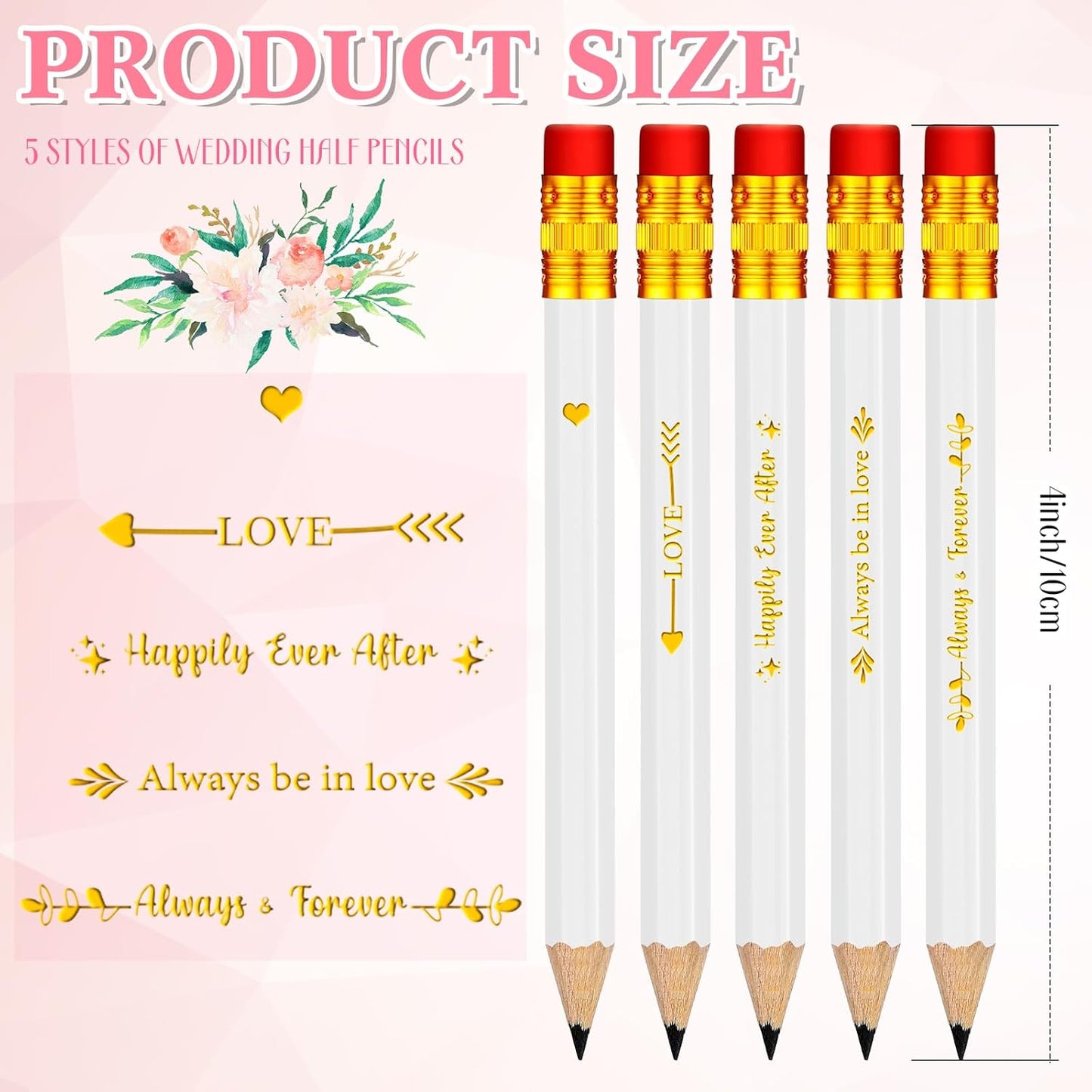 Crtiin 50 Pcs Bridal Shower Pencils Half Golf Wedding Pencils with Eraser 4 Inch Short Pocket Pre Sharpened for Wedding Game Bridal Shower Presents Classroom School(Wood Color)