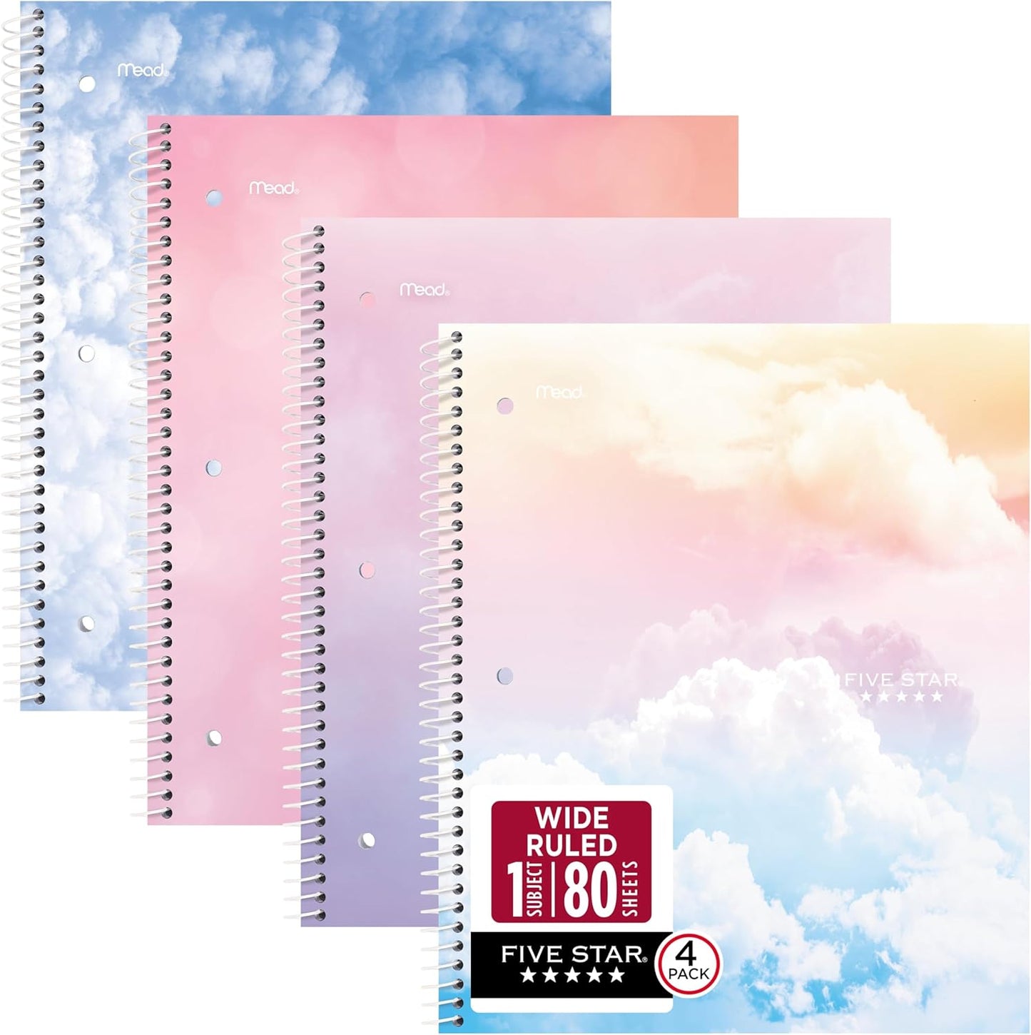 Five Star Spiral Notebook + Study App, 1 Subject, College Ruled Paper, 8-1/2" x 11", 80 Sheets, Styles, 4 Pack (850222F)