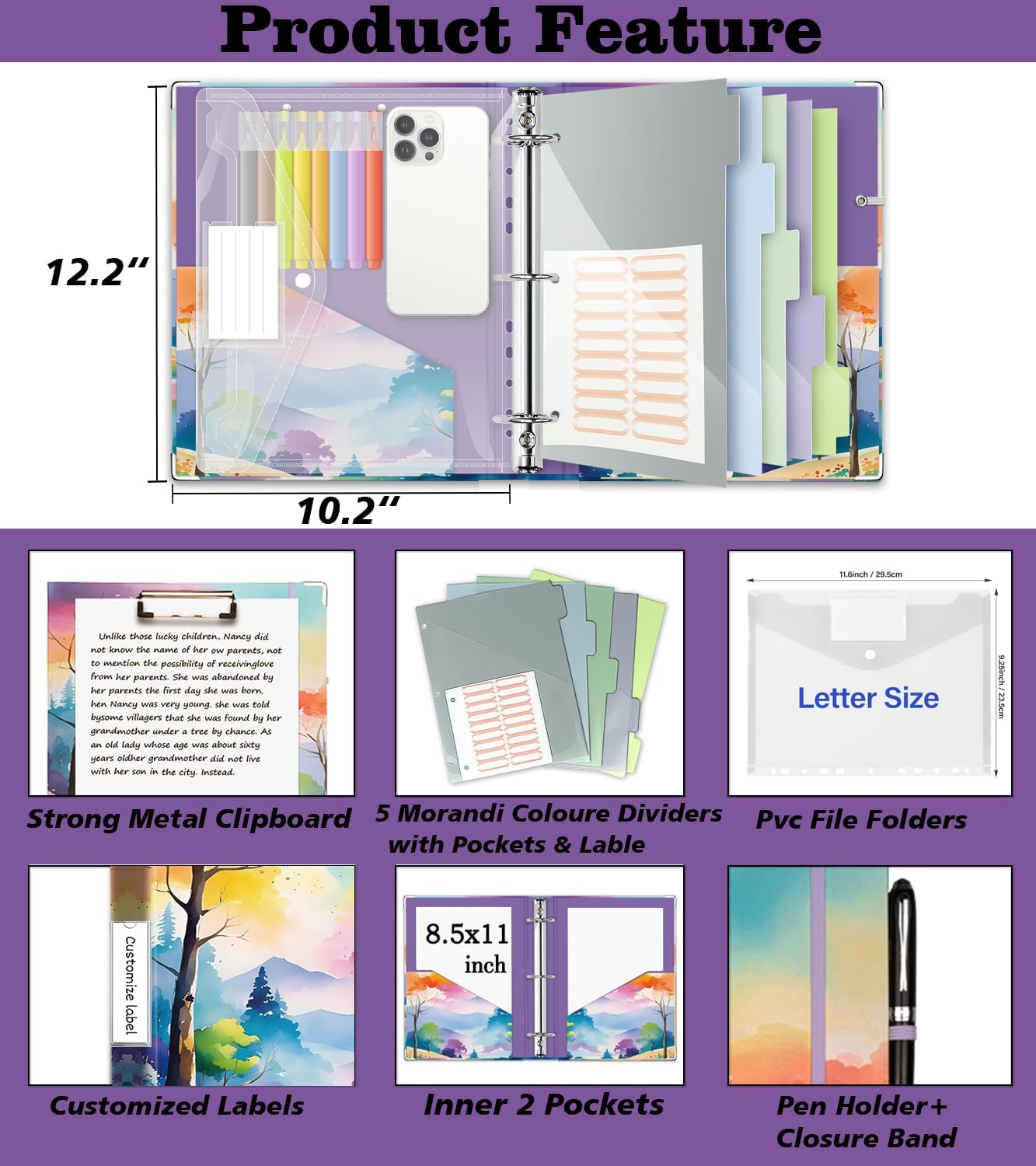 3 Ring Binder 1 Inch, Three Ring Binders Organizer with Clipboard, 5-Tabs Pockets Dividers, Plastic Folder, 18 Divider Stikers, BVSSX Pretty Binder with Pen Loop (Black Weeds, Letter Size)