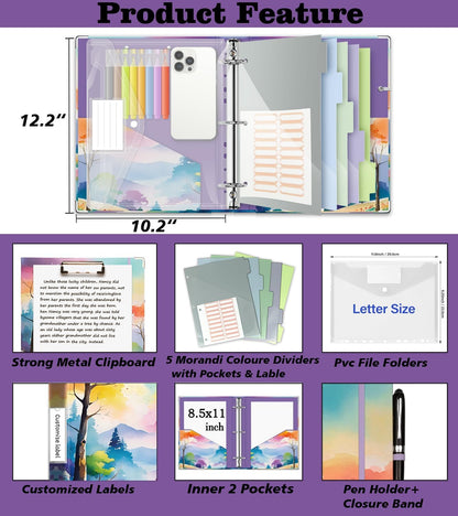 3 Ring Binder 1 Inch, Three Ring Binders Organizer with Clipboard, 5-Tabs Pockets Dividers, Plastic Folder, 18 Divider Stikers, BVSSX Pretty Binder with Pen Loop (Black Weeds, Letter Size)