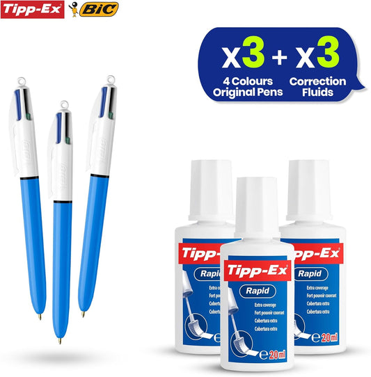 BIC 4 Colours Original Ballpoint Pens Pack of 3 with Blue, Black, Red, Green Ink & Tipp-Ex Rapid Correction Fluid Pack of 3 with 20ml Fast-Drying Brush Applicator for Writing and Corrections