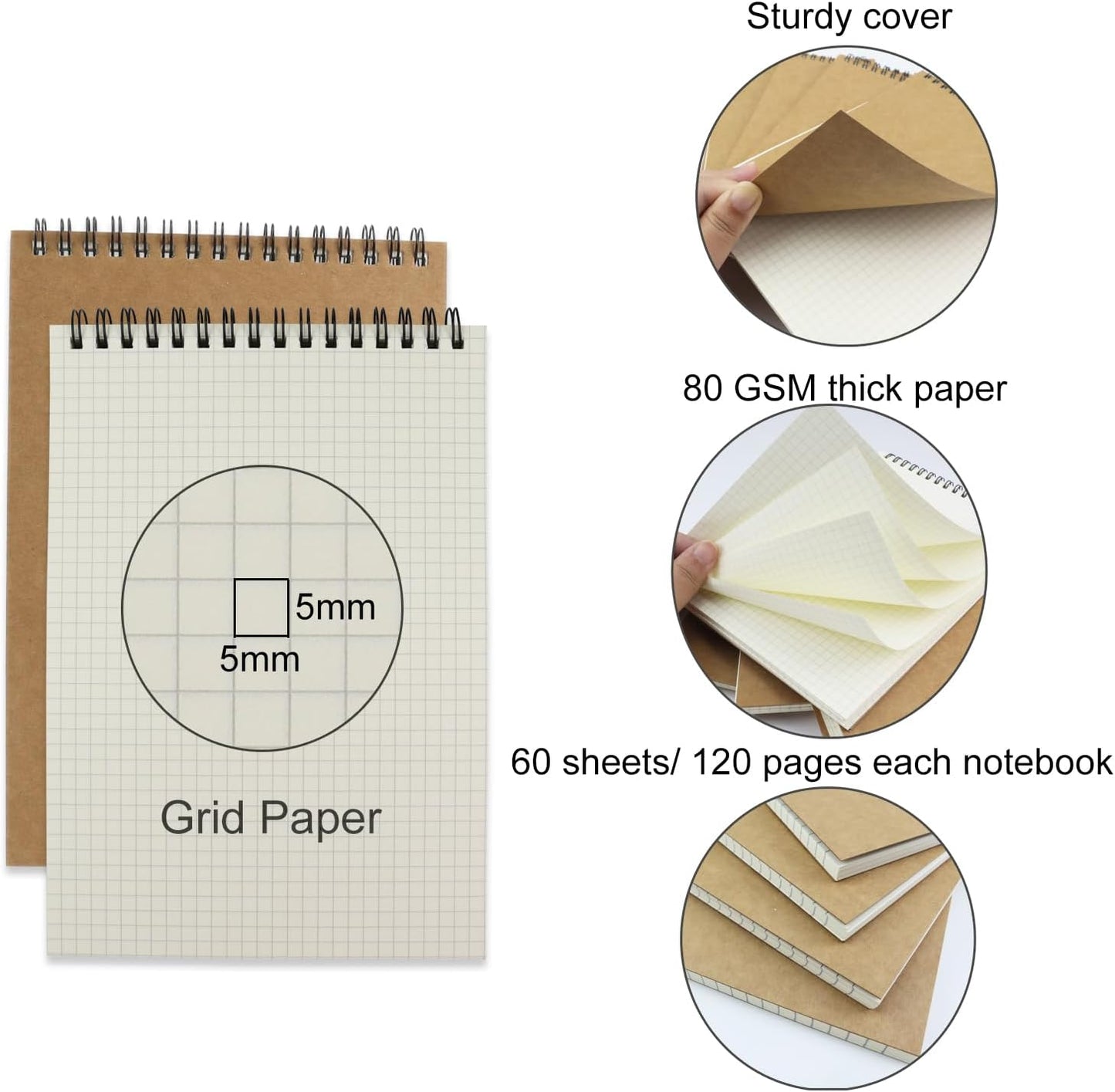 4 Pack Graph Paper Notebook, A5 Top Wirebound Grid Spiral Notebook 5.8" x 8.3",60 Sheets,5mm x 5mm Grid Paper,Grid Notepad for Students, Math, Engineering (Black)