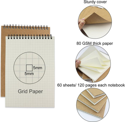 4 Pack Graph Paper Notebook, A5 Top Wirebound Grid Spiral Notebook 5.8" x 8.3",60 Sheets,5mm x 5mm Grid Paper,Grid Notepad for Students, Math, Engineering (Black)