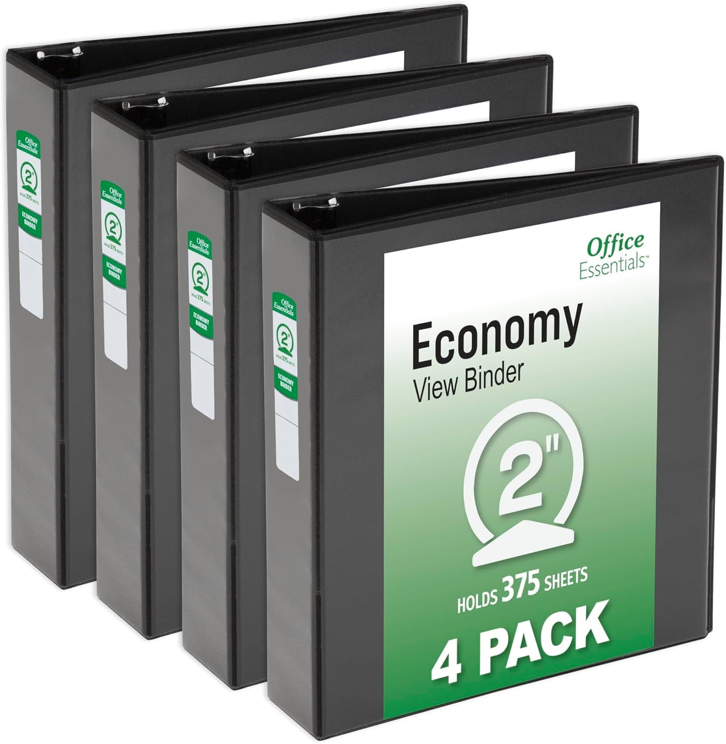 Office Essentials Economy View 3 Ring Binders, 2" Round Rings, 2.8" Spine, 375-Sheet Capacity, Black Binders (4-Pack of 03147)