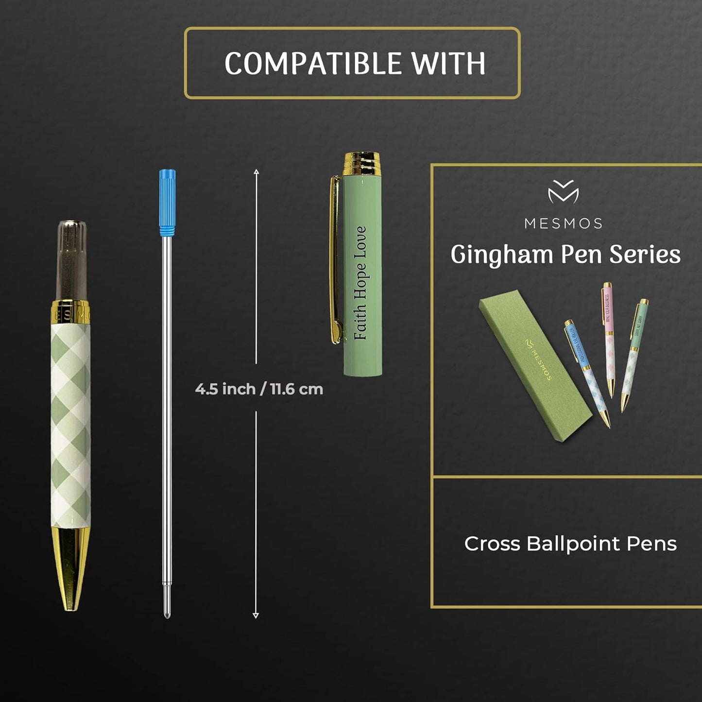MESMOS 6 Pack Cross Compatible Pen Refills Ballpoint Black Ink, 1mm Medium Point, German-Made Ink and Swiss-Made Nib, Pen Replacement Refills, 4.5 inch (116mm) (Black Ink)