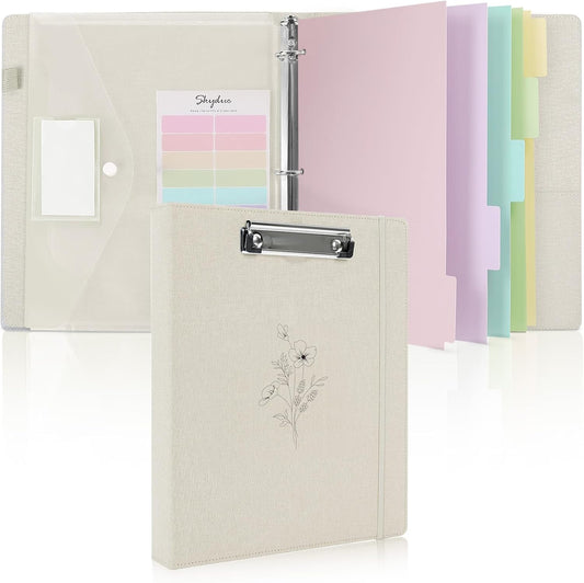 SKYDUE Clipboard Binder with Dividers,1 Inch Linen 3 Ring Binder with Clipboard on Front for Organizer, Clipboard Folder with Pocket, Labels Office Supplies OliveGreen