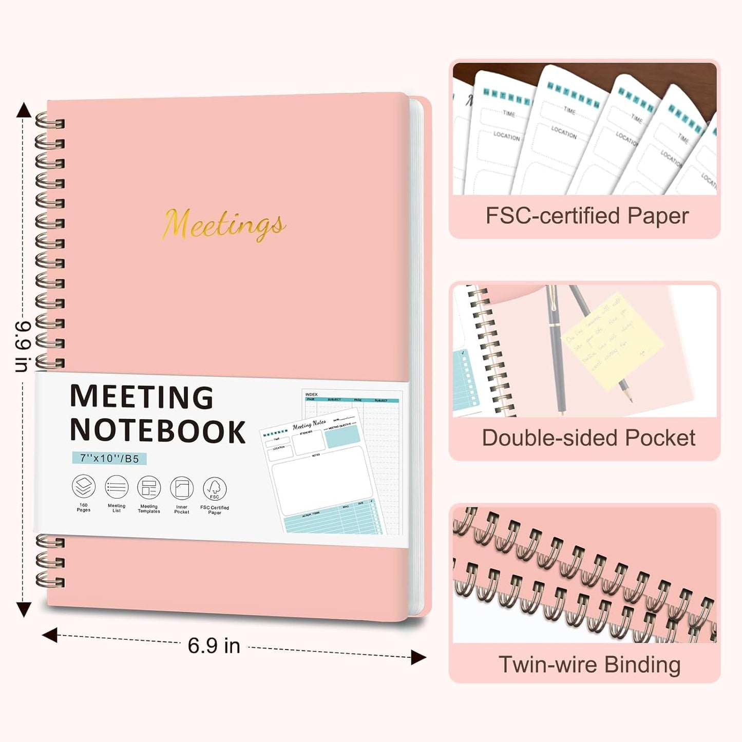 Meeting Notebook for Work Organization, Work Planner Notebook with Action Items, Project Agenda Planner for Note Taking, 160 Pages (6.9" X 9.9"), Perfect Office School Business Supplies for Women & Men(Blue)