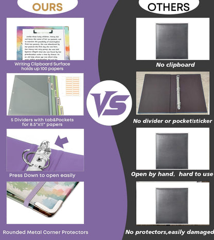 3 Ring Binder 1 Inch, Three Ring Binders Organizer with Clipboard, 5-Tabs Pockets Dividers, Plastic Folder, 18 Divider Stikers, BVSSX Pretty Binder with Pen Loop (Black Weeds, Letter Size)