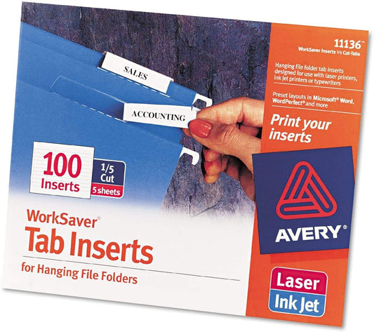 Avery : Laser/Inkjet Inserts for Hanging File Folders, 1/5 Tab, 2in, White, 100/Pack -:- Sold as 2 Packs of - 100 - / - Total of 200 Each