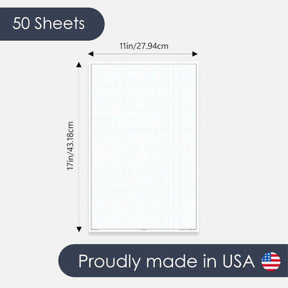 GeekNavy 11" x 17" Quadrille Graph Paper 50 Sheets Landscape - 0.25" 4x4 Square Grid, Blueprint, High Brightness, Border-Outlined, Large Drafting (1-Pack)