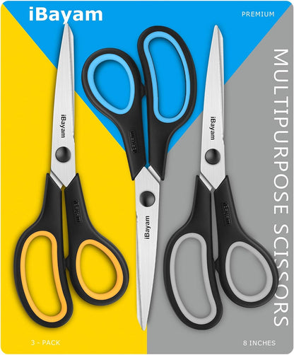 Scissors, iBayam 8" All Purpose Scissors Bulk 3-Pack, Ultra Sharp 2.5mm Thick Blade Shears Comfort-Grip for Aesthetic Fun Cute School Office Teacher Desk Crafts and Art Supplies Accessories Essential