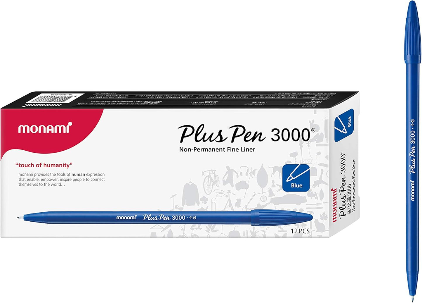 MONAMI Plus Pen 3000 Felt Tip Pens, Fine Point (0.4mm), Fine Liner, Writing/Journaling/Note Taking at home, school and office, Blue, 12-Count