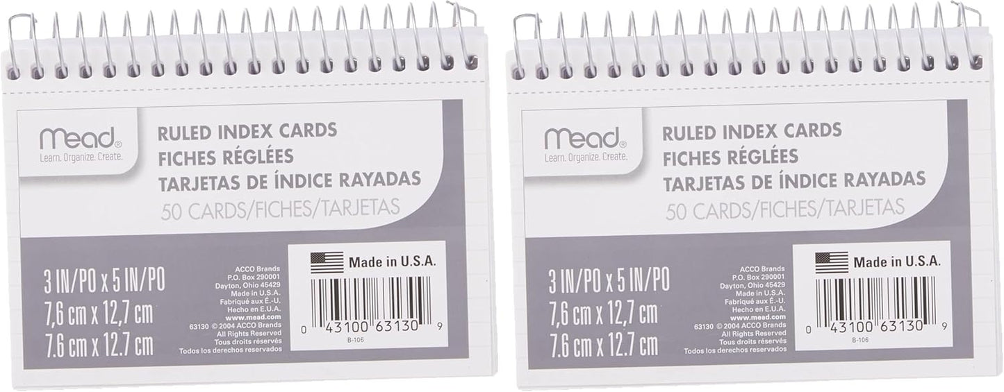 Mead Index Cards, 3" x 5", Ruled Front, Blank Back, 50 Cards, White (63130)