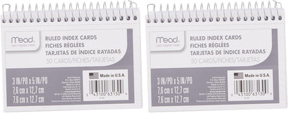 Mead Index Cards, 3" x 5", Ruled Front, Blank Back, 50 Cards, White (63130)