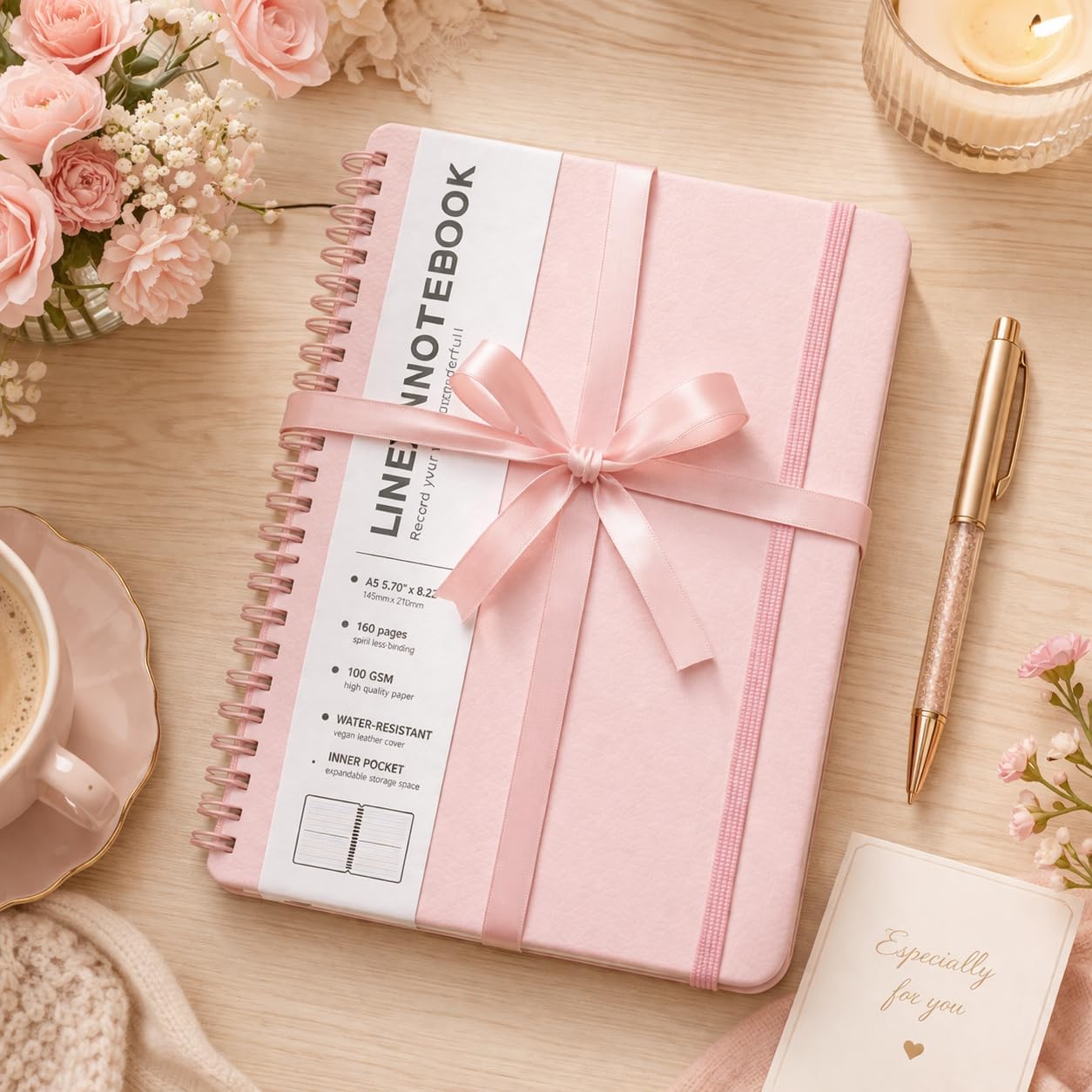Lined Spiral Journal Notebook, A5 Hardcover Leather Notebook for Work, 5.7''×8.2'', 100GSM Thick Paper Spiral Bound Journaling Notebooks for Women & Men Office School Note Taking Business, Black