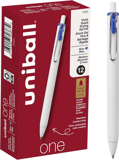 Uni-Ball One Black Retractable Gel Pens 4 Pack with Medium Points, Uni-Ball Click Pens are Fraud Proof and the Best Office, School, and Bible Pens