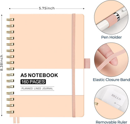 AHGXG Spiral Journal Notebook, 160 Lined Pages, A5 Medium Size (5.7'' x 8.3''), for Men & Women, Journaling, Writing, Work & Office, Hardcover, 100 GSM Thick Paper (Light Green)